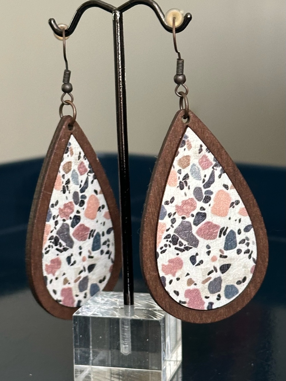 Boho Terrazzo Wood Teardrop Dangle Earrings